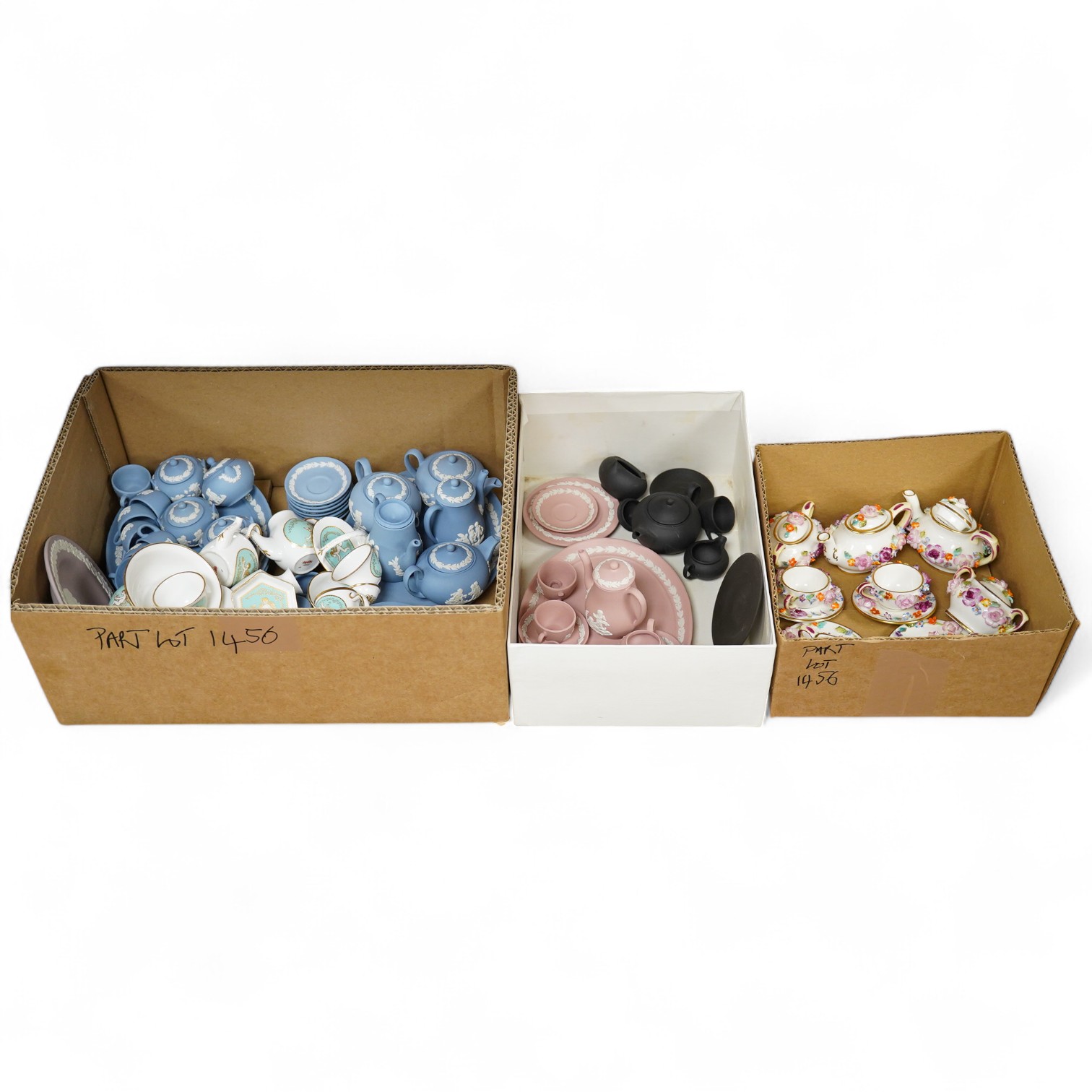 A collection of mixed Wedgwood jasperware, Coalport and Spode miniature teawares.